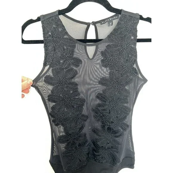 HAUTE Monde Black Bodysuit Sheer Floral Sleevless Size M Womens Sexy G - Picture 6 of 11